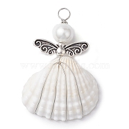 Copper Wire Wrapped Shell Pendants, Angel Charms with Glass Pearl Beads & Alloy Wings, Antique Silver & Platinum, 43.5x29x12mm, Hole: 4.2mm(PALLOY-JF02709-02)