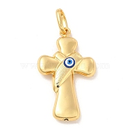 Brass Pendants, with Enamel, Real 18K Gold Plated, Long-Lasting Plated, Cross with Evil Eye Charm, Blue, 40x26x7mm, Hole: 10x7mm(KK-E076-02G-10)
