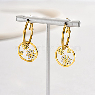 Stainless Steel Enamel Hoop Earrings, Round Ring with Daisy Dangle Earring for Women, Real 18K Gold Plated, 40x20mm(GD4383)
