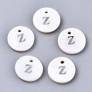 Natural Freshwater Shell Pendants, with Platinum Plated Iron Etched Metal Embellishments, Flat Round with Initial Letter, White, Letter.Z, 11x2mm, Hole: 1.5mm(SHEL-Q018-01A-Z-P)