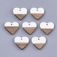 Resin & Walnut Wood Pendants, Heart, White, 24x25x3.5~4mm, Hole: 2mm(X-RESI-S358-81G)