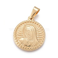 304 Stainless Steel Pendants, Flat Round with Virgin Mary, Golden, 29x25.5x3.5mm, Hole: 5x9mm(STAS-F252-10G)