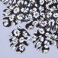 PU Leather Big Pendants, Double-Sided Printing, Daisy Flower Pattern, Leaf, Black, 55x43x2mm, Hole: 1mm(X-FIND-TA0002-A01)
