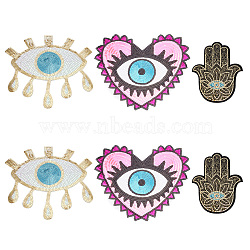 ARRICRAFT 6Pcs 3 Style Hamsa Hand/Heart/Evil Eye Sequin Embroidered Appliques, Iron on Cloth Patches, Sewing Craft Decoration, Mixed Color, 212~280x170~260x1mm, 2pcs/style(PATC-AR0001-08)