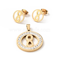 Infinity Stud Earrings with 316 Stainless Steel Pins and Crystal Rhinestone Pendant, Vacuum Plating 201 Stainless Steel Jewelry Set, Golden, 20.5x23x2.5mm, Hole: 5x3mm, 10mm, Pin: 0.7mm(SJEW-F218-04G)