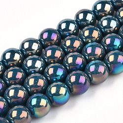 Electroplate Opaque Glass Beads Strands, AB Color Plated, Round, Marine Blue, 8~8.5mm, Hole: 1.5mm, about 51~53pcs/strand, 14.96 inch~15.55 inch(38~39.7cm)(GLAA-T032-P8mm-AB14)