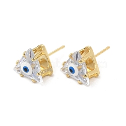 Triangle Glass with Enamel Evil Eye Stud Earrings, Real 18K Gold Plated Brass Jewelry for Women, White, 10.5x10.5mm, Pin: 0.7mm(EJEW-P210-01G-07)
