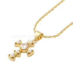 Brass Pave Clear Cubic Zirconia Cross Pendant Necklaces for Women, Real 18K Gold Plated, 16.54 inch(42cm)(NJEW-K381-04G)