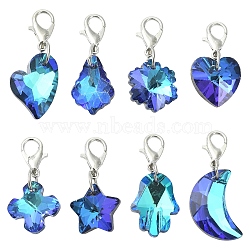 16Pcs 8 Styles Electroplated Glass Pendant Decorations, with Alloy Lobster Claw Clasps, Platinum, Heart/Maple Leaf/Snowflake, Medium Blue, 28~33mm, 2pcs/style(HJEW-YW00361)