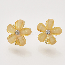 Alloy Rhinestone Stud Earring Findings, with Acrylic, Raw(Unplated) Pin and Loop, Flower, Golden, Sandy Brown, 12~13x12mm, Hole: 1.4mm, Pin: 0.7mm(PALLOY-N0149-20C)