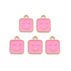 Alloy Enamel Charms, Cadmium Free & Lead Free, Light Gold, Square with Smile, Pearl Pink, 13x10x1.5mm, Hole: 1.6mm(ENAM-T016-13D-RS)