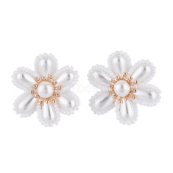 Brass Clip-on Earring, with ABS Plastic Imitation Pearl Cabochons, Flower, White, 34x19mm(EJEW-JE04139-02)