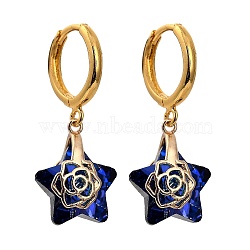 Brass Huggie Hoop Earring, with Electroplate Glass Pendants, Star, Golden, Medium Blue, 31.5mm, Pin: 1mm(EJEW-JE04261-02)