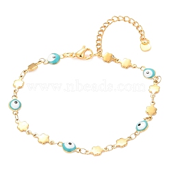 304 Stainless Steel Link Bracelets, with Enamel and Lobster Claw Clasps, Evil Eye & Flower, Sky Blue, Golden, 8-1/8 inch(20.5cm)(BJEW-O183-10G)