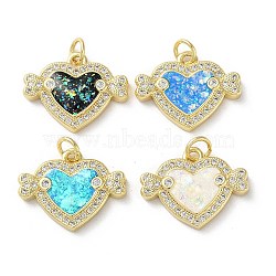 Brass Micro Pave Clear Cubic Zirconia Pendants, with Synthetic Opal, Real 18K Gold Plated, Heart with Wings Charms, Mixed Color, 15x19x3mm, Hole: 3.5mm(KK-C045-36G)