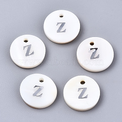 Natural Freshwater Shell Pendants, with Platinum Plated Iron Etched Metal Embellishments, Flat Round with Initial Letter, White, Letter.Z, 11x2mm, Hole: 1.5mm(SHEL-Q018-01A-Z-P)