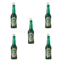 Transparent Resin Pendants, with Stickers and Platinum Tone Iron Loops, Mini Beer Bottle Charms, Green, 36x10mm(RESI-YW0001-41)