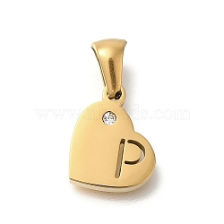 304 Stainless Steel Heart Pendants with Rhinestone, Golden, Letter P, 11x13x2.5mm, Hole: 5x3mm(STAS-Z103-01G-16)