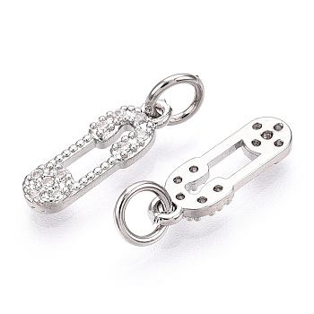 Brass Micro Pave Cubic Zirconia Charms, with Jump Rings, Safety Pins Charms, Platinum, 14x5x1.5mm, Hole: 3.4mm