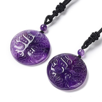 Natural Amethyst Tree of Life Pendant Necklace with Nylon Rope, 34.80~35.43 inch(88.4~90cm)
