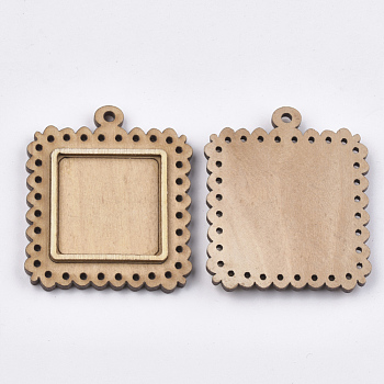 Wooden Pendant Cabochon Settings, Pendant Base, Square, BurlyWooden, Tray: 25X25mm, 44~47x38~41x4.5~5.5mm, Hole: 2.5mm