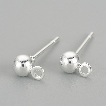 Iron Ball Stud Earring Findings, with Loop, Silver, 6.5x4mm, Hole: 1mm, Pin: 0.8mm