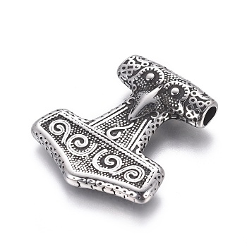 304 Stainless Steel Pendants, Thor's Hammer, Antique Silver, 36x32.5x7mm, Hole: 4.5x3.5mm