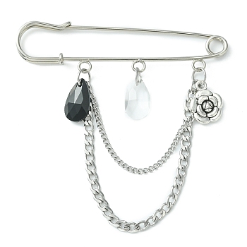 Faceted Teardrop & Alloy Flower Charm Safety Pin Brooch, with 304 Stainless Steel Twist Chains, Antique Silver & Platinum, 80x76mm