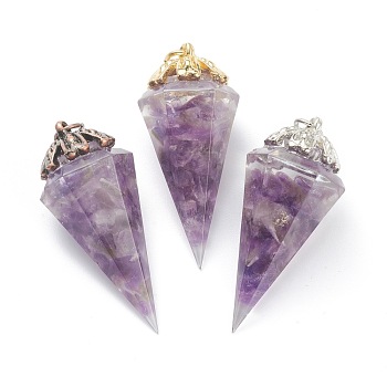Resin Pointed Pendants, with Natural Amethyst Inside and Brass Findings, Faceted, Cone/Spike/Pendulum, 43.5x17x19.5mm, Jump Ring: 6x1mm, 4mm Inner Diameter