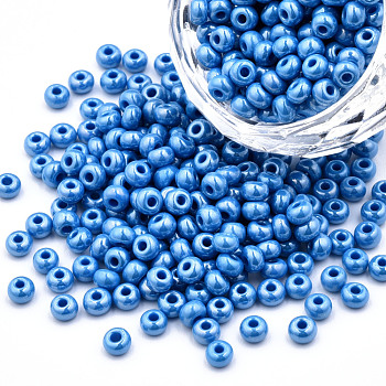 6/0 Czech Opaque Glass Seed Beads, Lustered, Round, Steel Blue, 4x3mm, Hole: 1.2mm, about 500g/bag