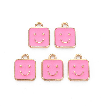 Alloy Enamel Charms, Cadmium Free & Lead Free, Light Gold, Square with Smile, Pearl Pink, 13x10x1.5mm, Hole: 1.6mm
