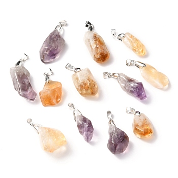 Natural Amethyst & Citrine Pendants, with Platinum Tone Brass Snap on Bails, Nuggets, 24~42x15~20x6~16.5mm, Hole: 6.5x4mm