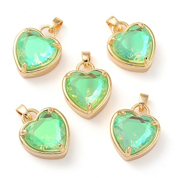 K9 Glass Pendants, with Golden Tone Brass Findings, Faceted, Heart Charms, Peridot, 18x15x7.7mm, Hole: 5x3mm