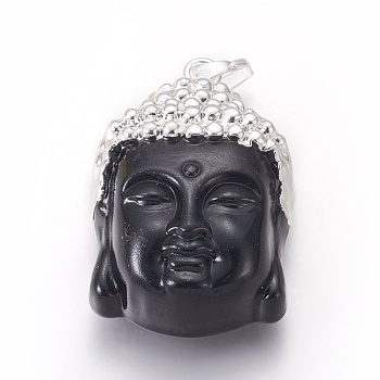 Glass Pendants, with Brass Findings, Buddha Head, Silver Color Plated, Black, 40x26.5x16.5mm, Hole: 5x8mm