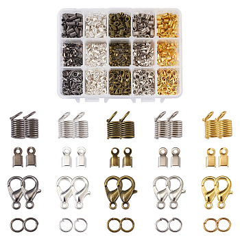 PandaHall Jewelry DIY Jewelry Cord Ends Findings Kits, include Iron Cord Ends & Open Jump Rings, Alloy Lobster Claw Clasps, Antique Bronze & Gunmetal & Golden & Platinum & Silver Color Plated, 9x5mm, Hole: 3.5mm