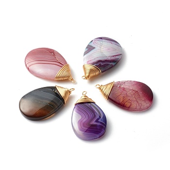 Natural Agate Pendants, with Real 18K Gold Plated Eco-Friendly Copper Findings, Dyed, Teardrop, Mixed Color, 46~51.5x27~30x8~9mm, Hole: 1.5~3mm