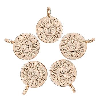 5Pcs Brass Charms, Flat Round with Sun, Golden, 12mm, Hole: 3mm