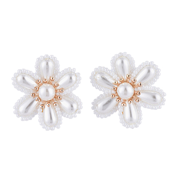 Brass Clip-on Earring, with ABS Plastic Imitation Pearl Cabochons, Flower, White, 34x19mm