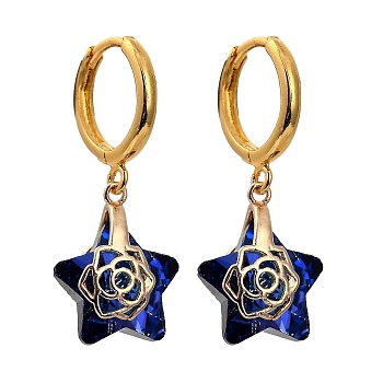 Brass Huggie Hoop Earring, with Electroplate Glass Pendants, Star, Golden, Medium Blue, 31.5mm, Pin: 1mm