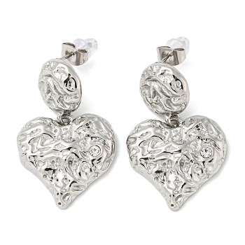 304 Stainless Steel Micro Pave Cubic Zirconia Dangle Stud Earrings, Textured Heart, Stainless Steel Color, 34x22mm