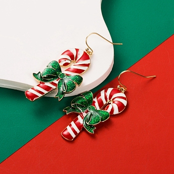 Christmas Candy Cane Alloy Enamel Dangle Earrings for Women, with Sterling Silver Pin, Red, 48x21mm