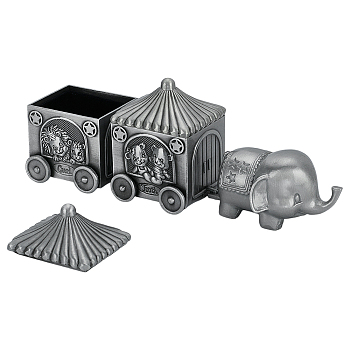 Tibetan Style Zinc Alloy Elephant Train Engraved My First Curl/Tooth Boxes, for Baby Shower Birthday Party, Antique Silver, 10.5x3.65x4.65cm