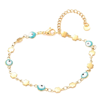 304 Stainless Steel Link Bracelets, with Enamel and Lobster Claw Clasps, Evil Eye & Flower, Sky Blue, Golden, 8-1/8 inch(20.5cm)