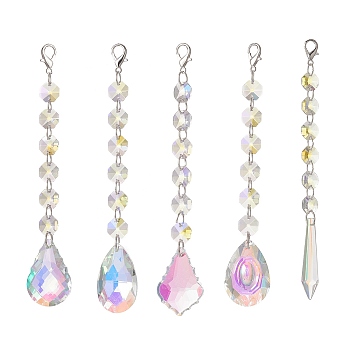 AB Color Glass Teardrop Cone Hanging Suncatcher Pendant Decoration, with Glass Octagon Bead and Alloy Lobster Claw Clasps, for Home Decorations, Clear AB, 182~198mm