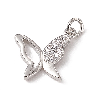 Brass Micro Pave Clear Cubic Zirconia Butterfly Charms, with Open Jump Rings, Platinum, 13x14x2mm, Hole: 2.7mm