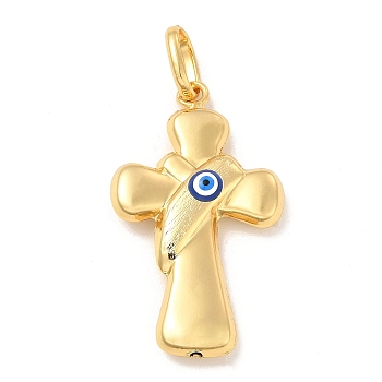 Brass Pendants, with Enamel, Real 18K Gold Plated, Long-Lasting Plated, Cross with Evil Eye Charm, Blue, 40x26x7mm, Hole: 10x7mm
