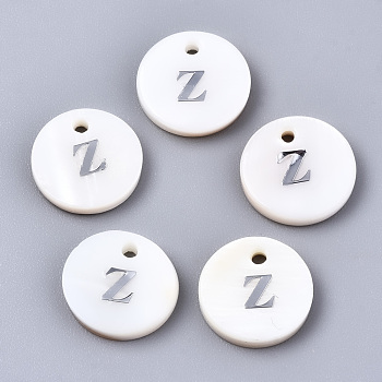 Natural Freshwater Shell Pendants, with Platinum Plated Iron Etched Metal Embellishments, Flat Round with Initial Letter, White, Letter.Z, 11x2mm, Hole: 1.5mm