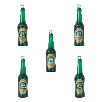 Transparent Resin Pendants, with Stickers and Platinum Tone Iron Loops, Mini Beer Bottle Charms, Green, 36x10mm