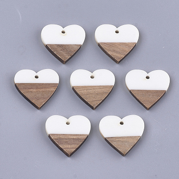 Resin & Walnut Wood Pendants, Heart, White, 24x25x3.5~4mm, Hole: 2mm