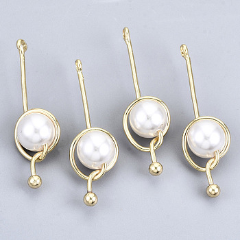 ABS Plastic Imitation Pearl Pendants, with Real 18K Gold Plated Brass Findings, Round, Creamy White, 35x10x8mm, Hole: 1.8mm